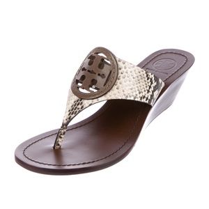 Never Worn Tory Burch Louisa Wedge Slide Sandals Size 8.5 Snakeskin Brown